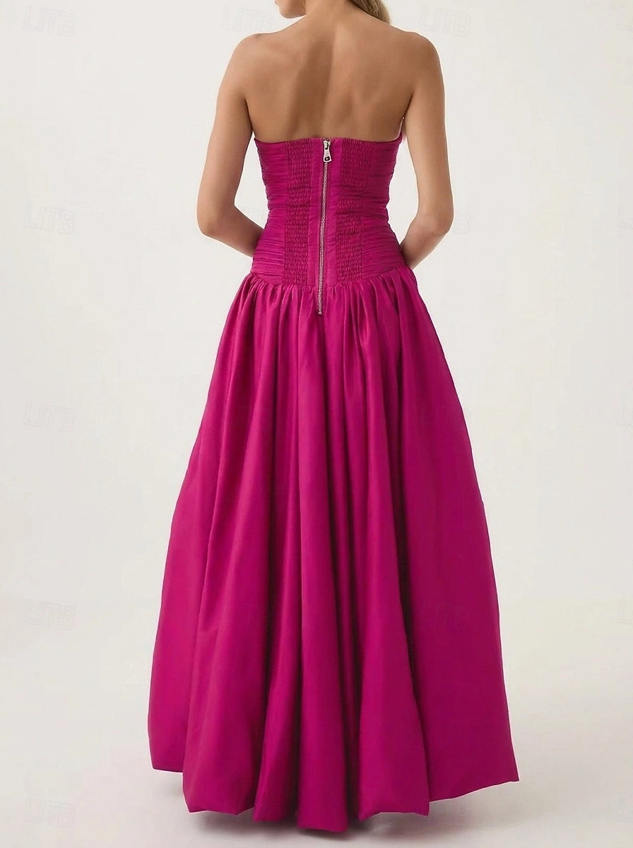 Vedress strapless prom gown elastic smocked zip back detailed back view fuchsia long evening dress